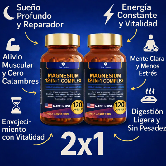 MAGNESIUM 12 EN 1 COMPLEX: La Única Fórmula con 12 Formas de Magnesio en Una Sola Cápsula.