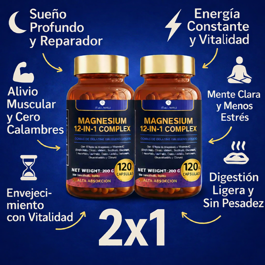 MAGNESIUM 12 EN 1 COMPLEX: La Única Fórmula con 12 Formas de Magnesio en Una Sola Cápsula.